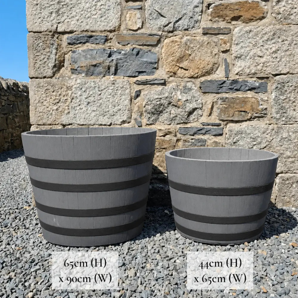 #65-80cm(D) x 44-50cm(H) Half Barrel
#90cm(D) x 65-66cm(H) Half Barrel
#Grey/Black Band
#with Liner
#without Liner