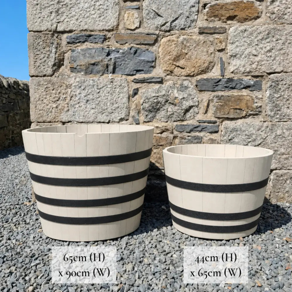 #65-80cm(D) x 44-50cm(H) Half Barrel
#90cm(D) x 65-66cm(H) Half Barrel
#Cream/Black Band
#with Liner
#without Liner
