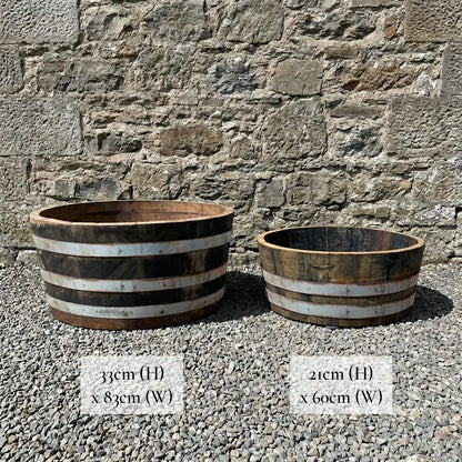 #65-70cm(D) x 21cm(H) 1/4 Barrel
#80-85cm(D) x 33cm(H) 1/4 Barrel
#Natural Timber/Rustic Silver Band
#with Liner
#without Liner