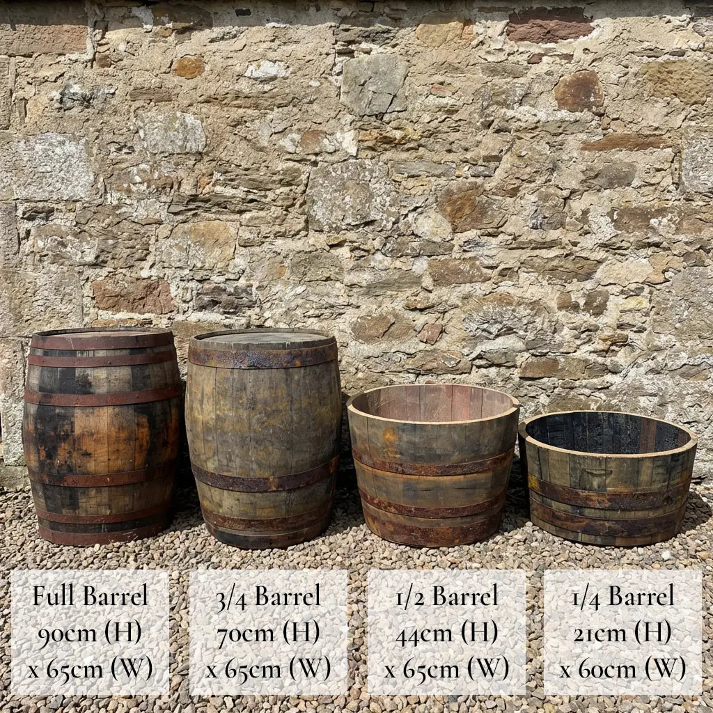 #65-70cm(D) x 21cm(H) 1/4 Barrel
#65-80cm(D) x 44-50cm(H) Half Barrel
#65-70cm(D) x 67-70cm(H) 3/4 Barrel
#65-70cm(D) x 90cm(H) Full Barrel
#Natural Timber/Rustic Band
#with Liner
#without Liner