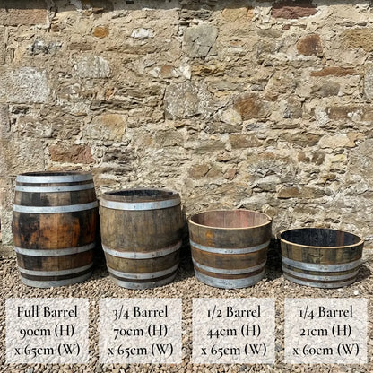 #65-70cm(D) x 21cm(H) 1/4 Barrel
#65-80cm(D) x 44-50cm(H) Half Barrel
#65-70cm(D) x 67-70cm(H) 3/4 Barrel
#65-70cm(D) x 90cm(H) Full Barrel
#Natural Timber/Rustic Silver Band
#with Liner
#without Liner