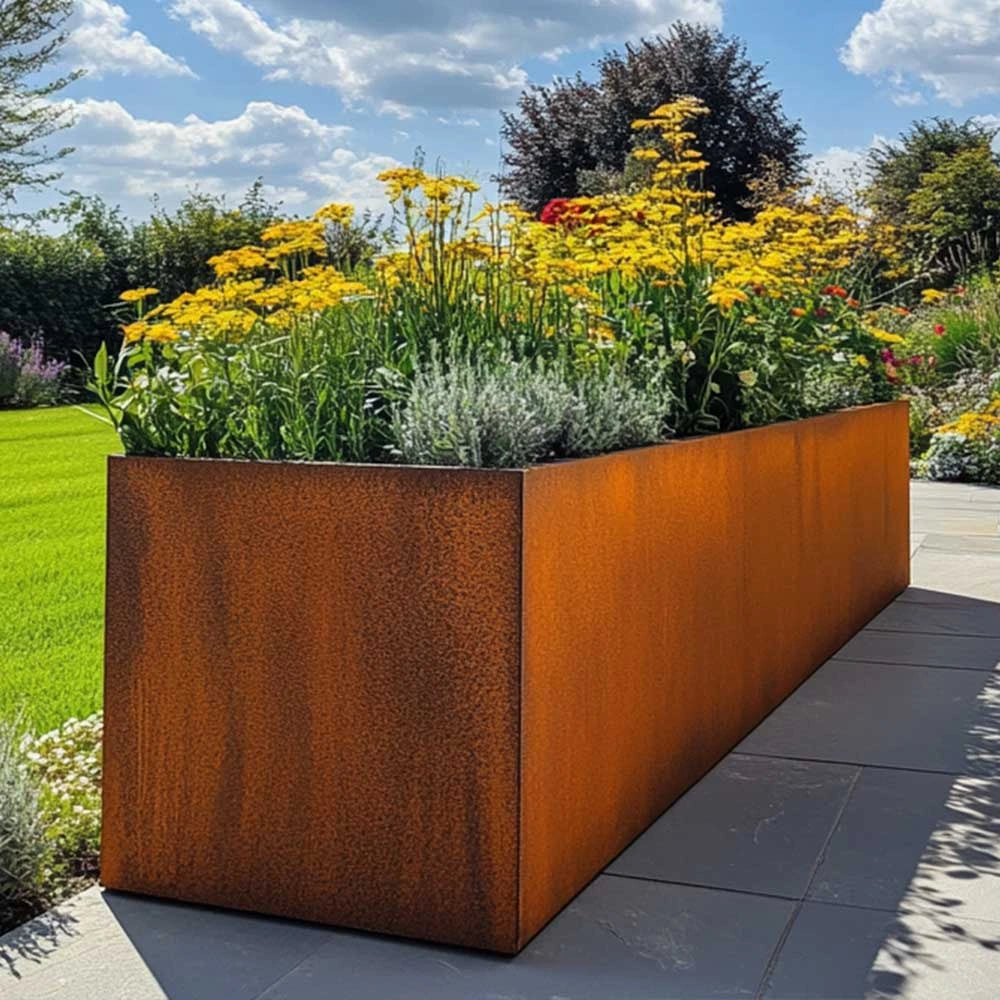 Pre Rusted Corten Steel Straight Edge Long Trough Planter Planters co uk pre-rusted-corten-steel-straight-edge-long-trough-planter-planters-co-uk