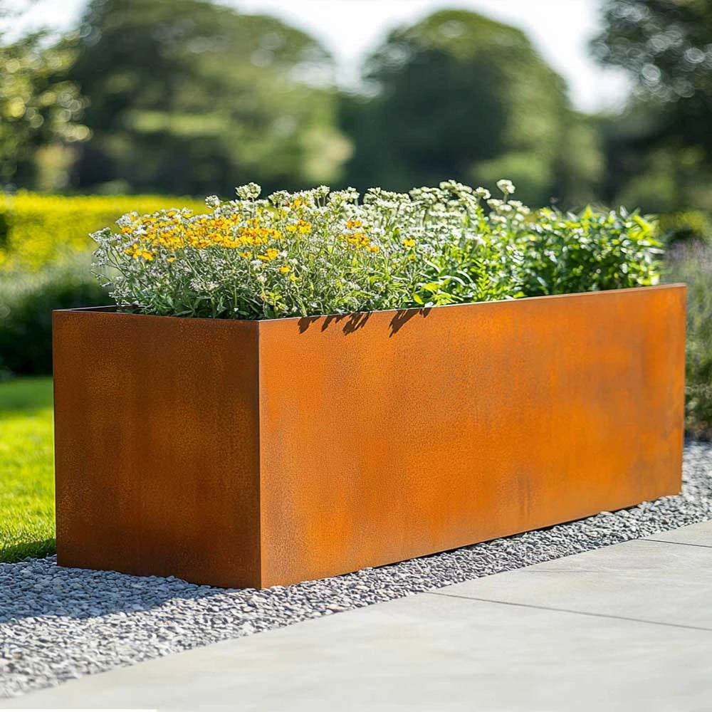 Pre Rusted Planters Pre-Rusted Corten Steel Straight Edge Long Trough Planter – Planters.co.uk