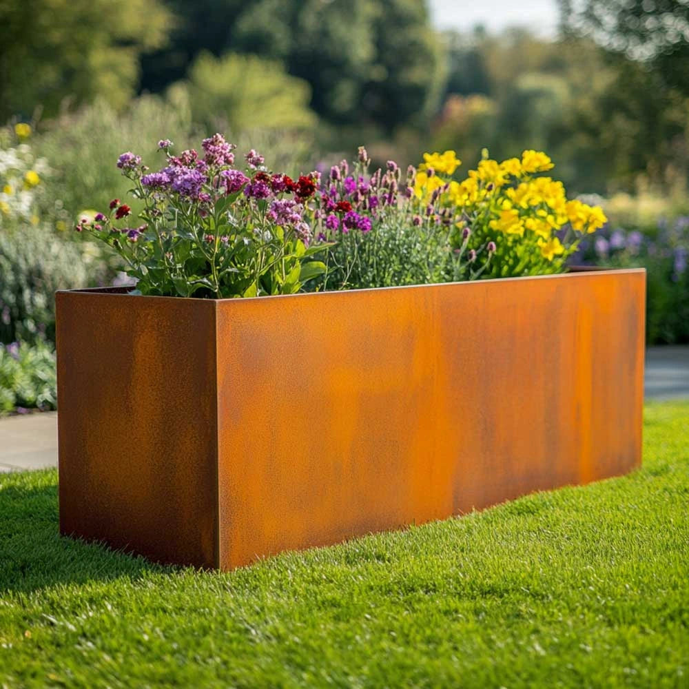 Pre Rusted Planters Pre-Rusted Corten Steel Straight Edge Long Trough Planter – Planters.co.uk
