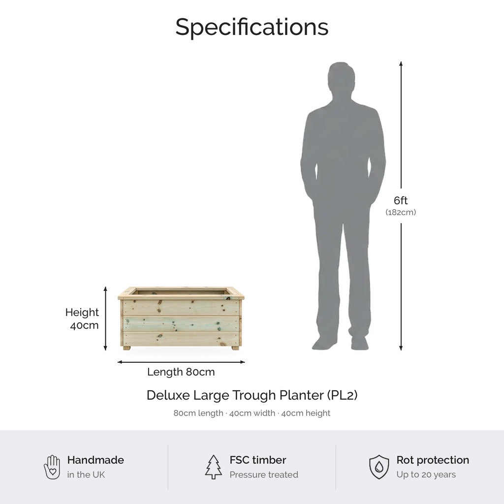 Deluxe Large Wooden Trough Planter dimensions and specifications