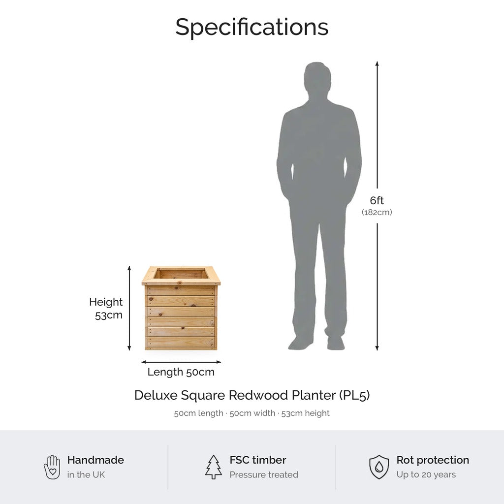 Deluxe Square Natural Redwood Planter dimensions and specifications
