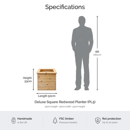 Deluxe Square Natural Redwood Planter dimensions and specifications