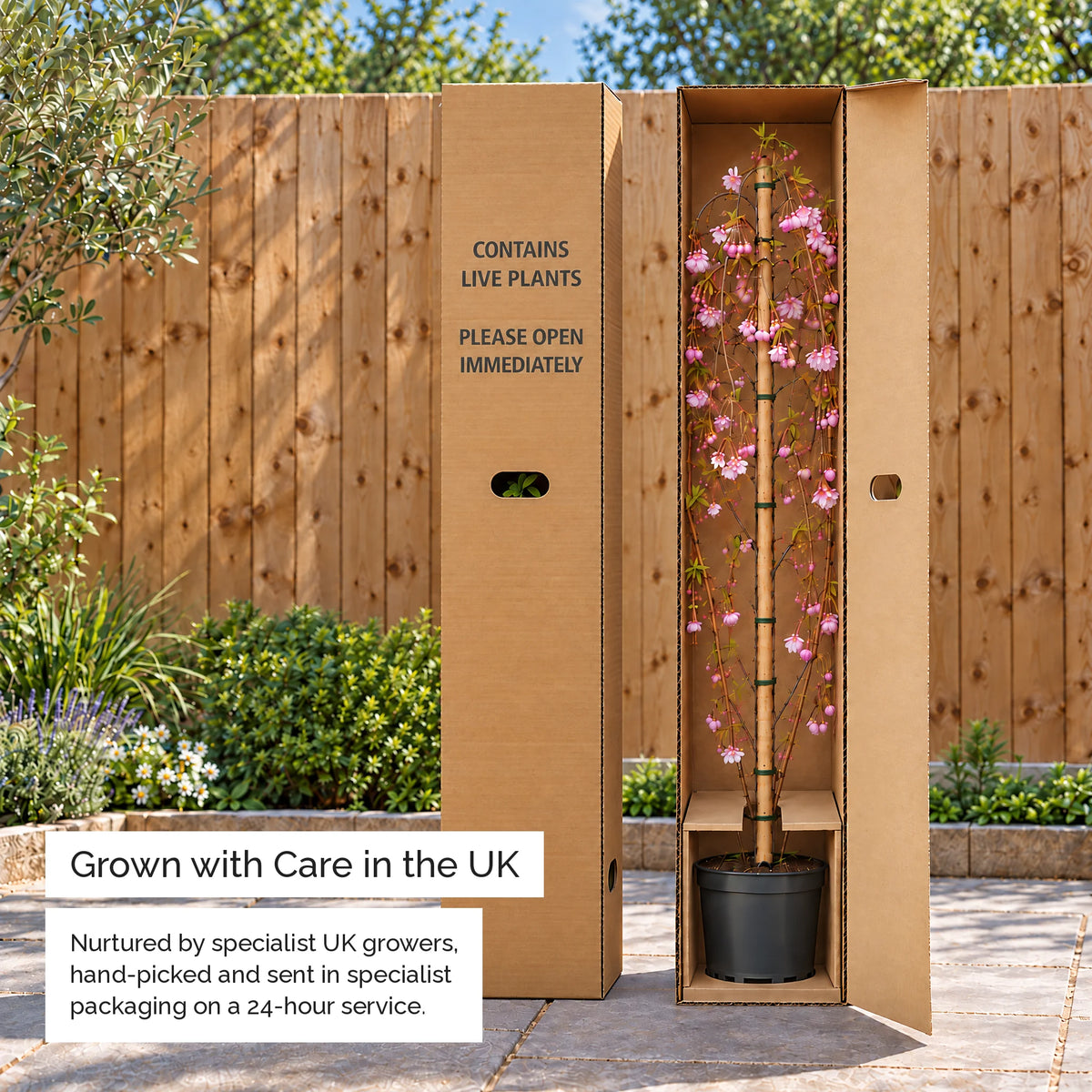 Weeping cherry tree delivered in its box, grown with care in the UK