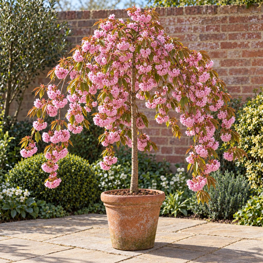 Kiku-shidare 5ft Cheal's weeping cherry tree in full pink blossom