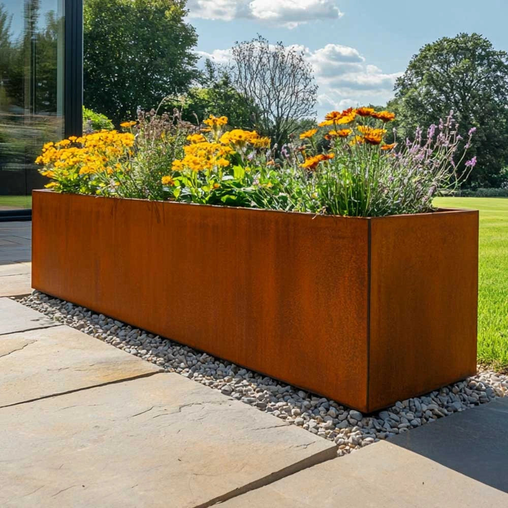 Pre Rusted Planters Pre-Rusted Corten Steel Straight Edge Long Trough Planter – Planters.co.uk
