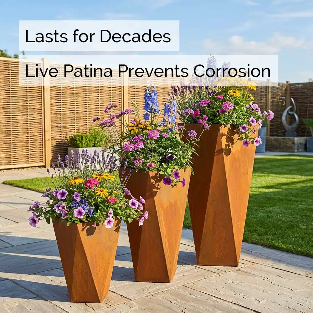 Pre Rusted Planters Pre-Rusted Corten Steel Tall Geometric Planter with Feet – Planters.co.uk