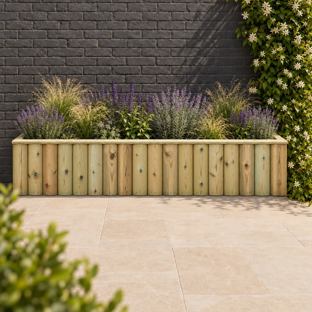 Log Lap Wooden Planter Trough planted in a garden setting (TR015) #150cm(L) x 40cm(W) x 40cm(H)