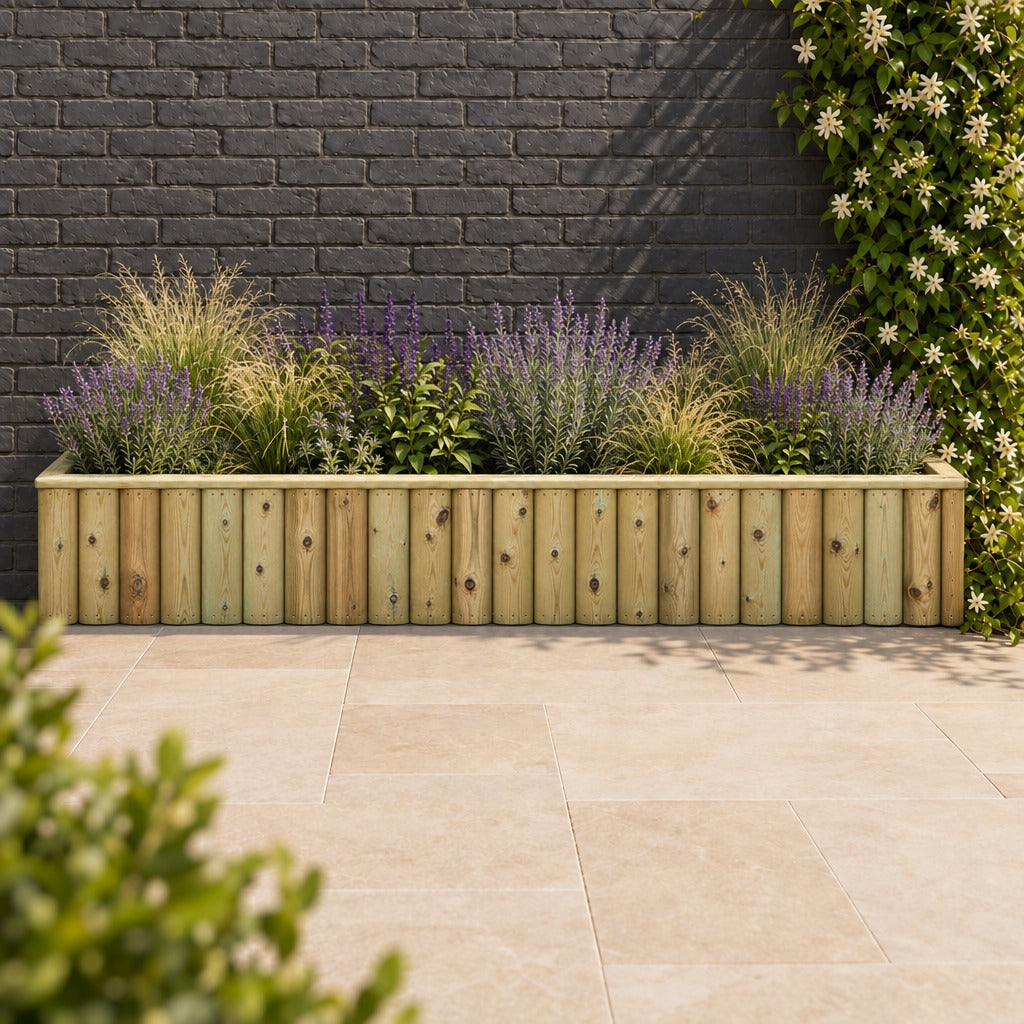 Log Lap Wooden Planter Trough planted in a garden setting (TR016) #180cm(L) x 40cm(W) x 40cm(H)