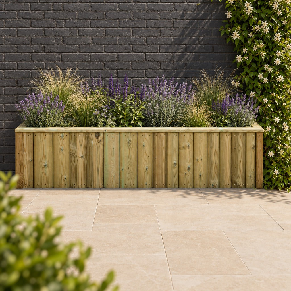Log Lap Wooden Planter Trough planted in a garden setting #120cm(L) x 40cm(W) x 40cm(H)