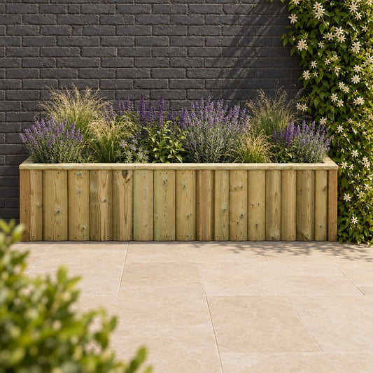 Log Lap Wooden Planter Trough planted in a garden setting #120cm(L) x 40cm(W) x 40cm(H)