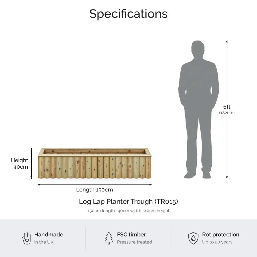 Log Lap Wooden Planter Trough dimensions and specifications (TR015) #150cm(L) x 40cm(W) x 40cm(H)