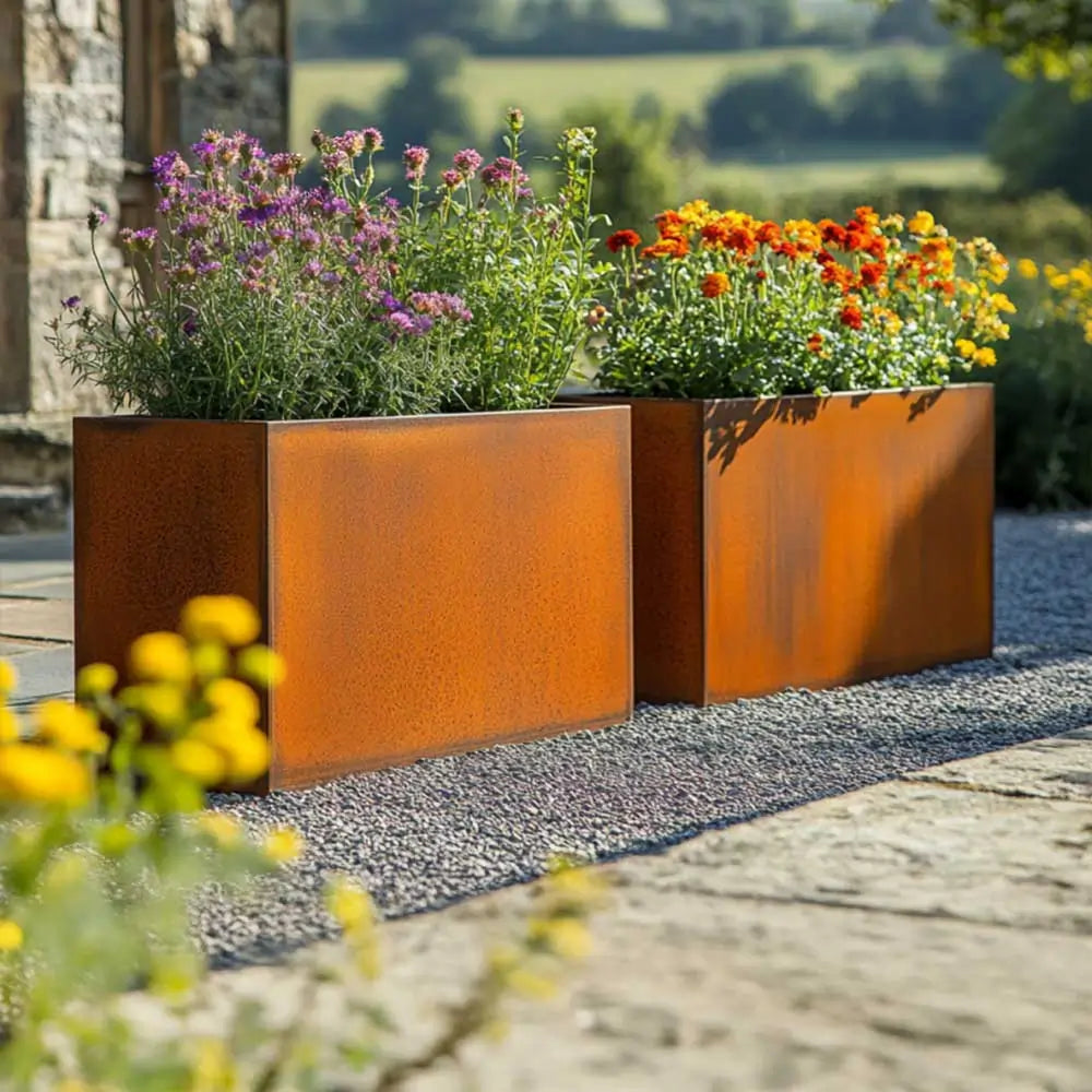 Pre Rusted Planters Pre-Rusted Corten Steel Straight Edge Tall Trough Planter with Feet ...
