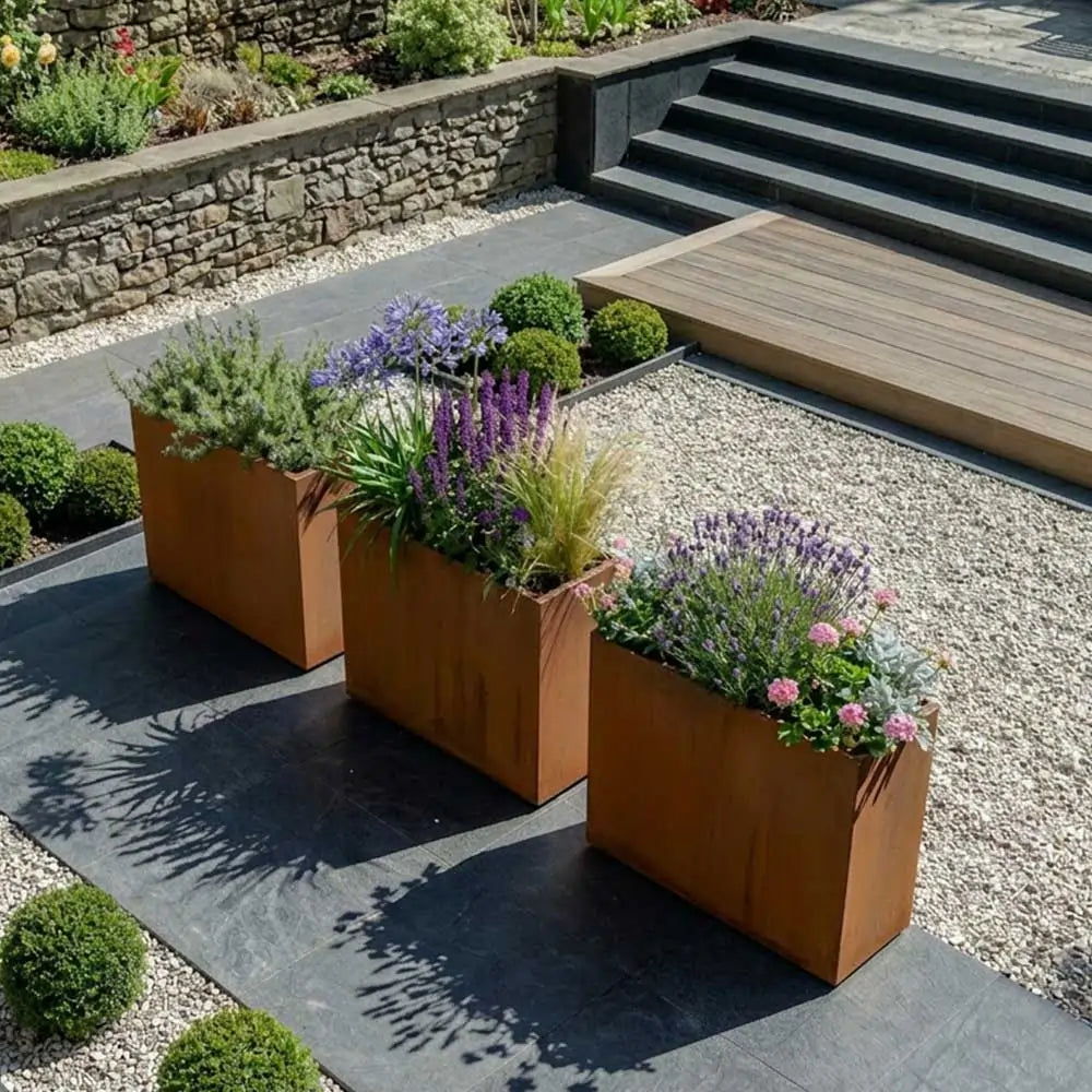 Pre Rusted Planters Pre-Rusted Corten Steel Straight Edge Tall Trough Planter with Feet ...