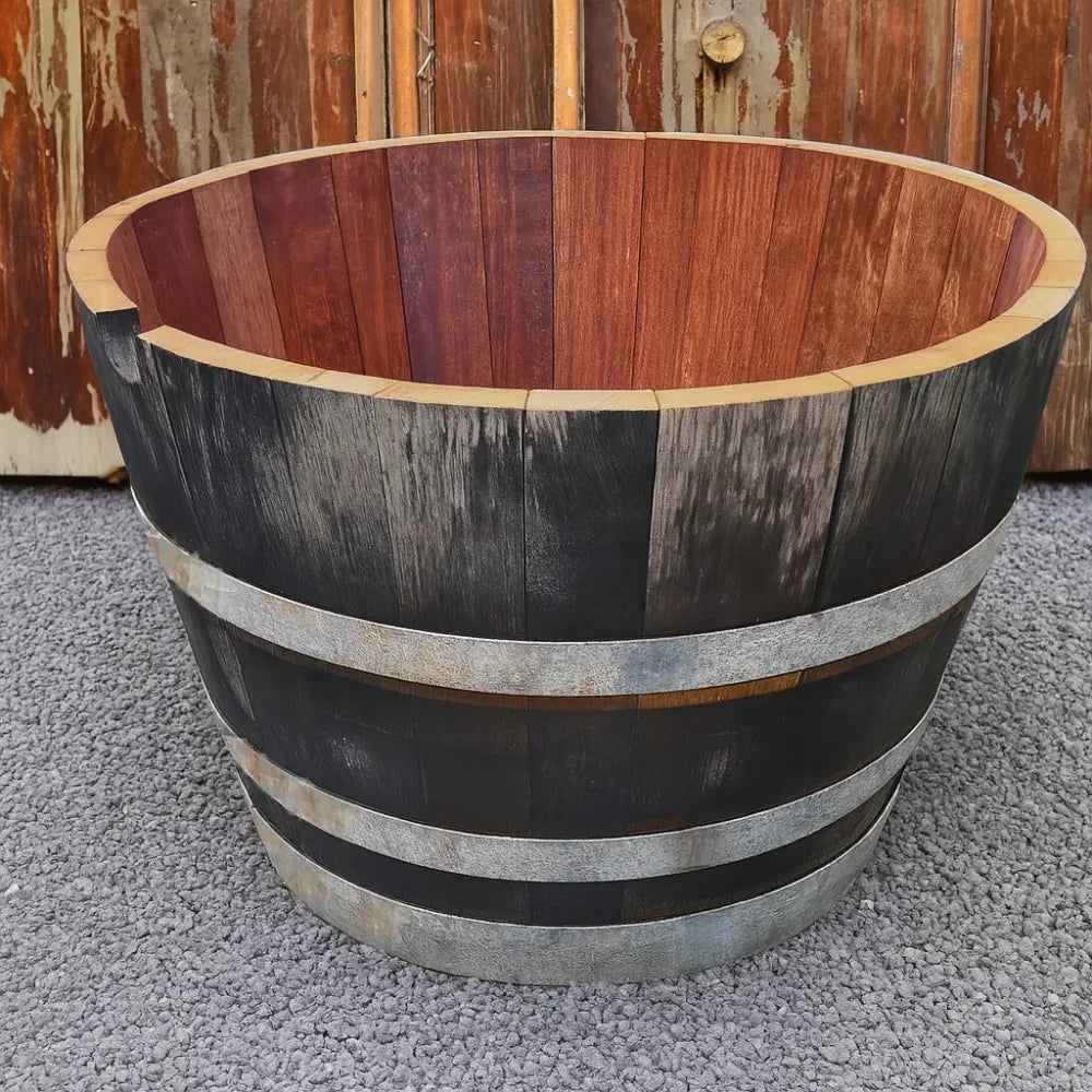 #65-80cm(D) x 44-50cm(H) Half Barrel
#Natural Timber/Rustic Silver Band
#with Liner
#without Liner