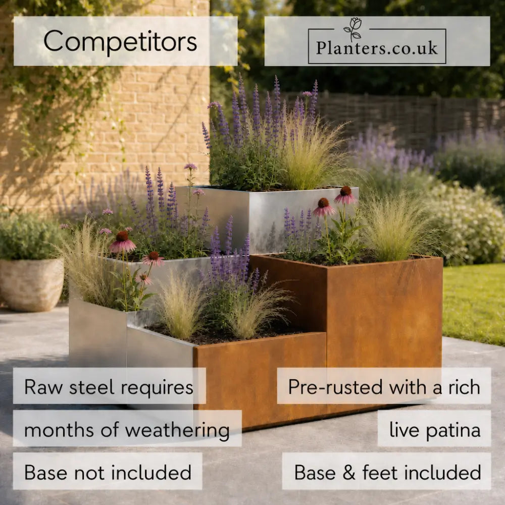 Corten Steel Tiered Corner Planter Raised Bed with Base & Feet