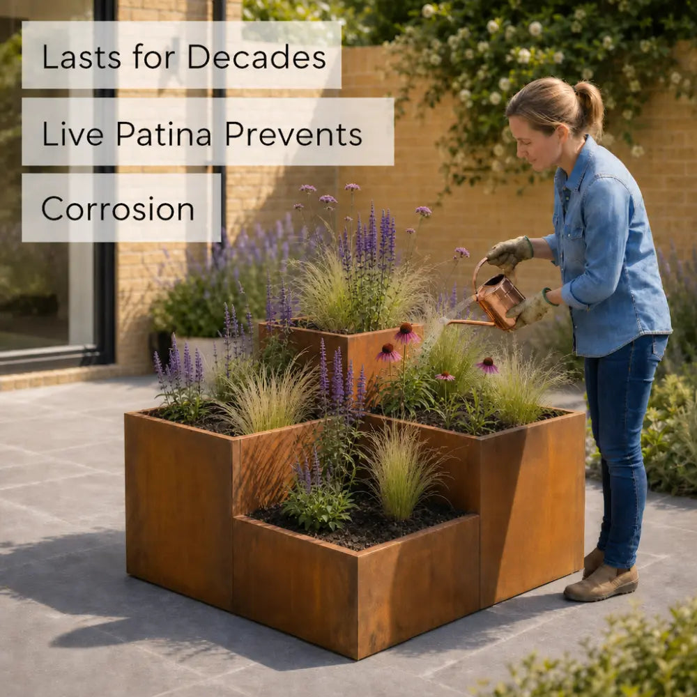 Corten Steel Tiered Corner Planter Raised Bed with Base & Feet