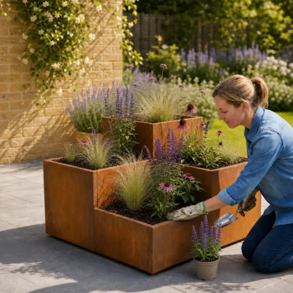 Corten Steel Tiered Corner Planter Raised Bed with Base & Feet