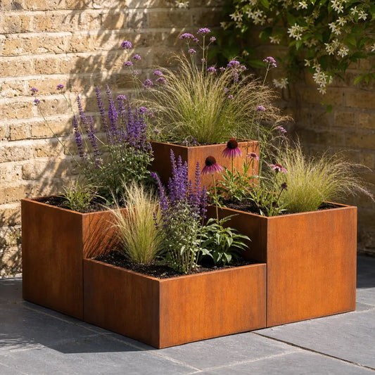 Corten Steel Tiered Corner Planter Raised Bed with Base & Feet